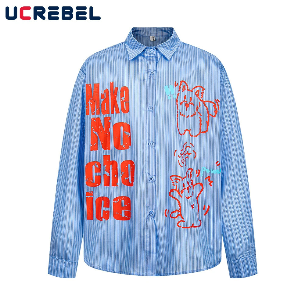 Cartoon Print Striped Shirts Mens Autumn Retro High Street Loose Single Breasted Lapel Long Sleeve Shirts Men 251205