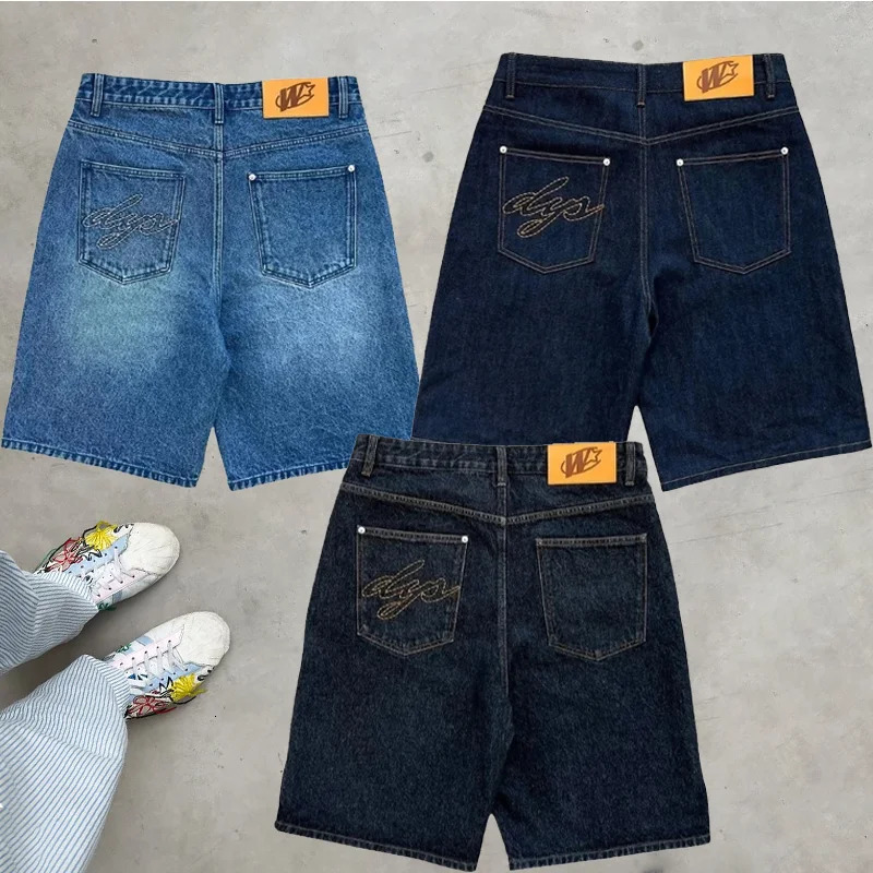 Y2K Fashion Vintage Jeans Pocket Letter Embroidery High Waisted Loose Denim Shorts Casual Men Women Hip Hop Streetwear 251205