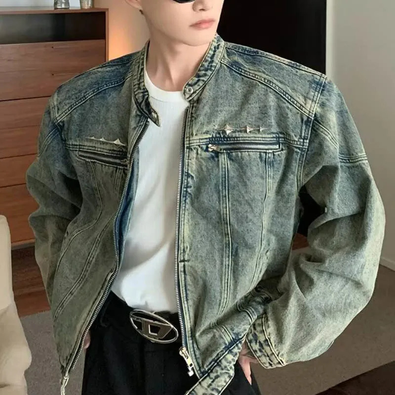 Vintage Mens Zipper n Denim Stand Collar Short Jacket Male Autumn Winter Retro Motorcycle Jeans Jackets Coats 251129