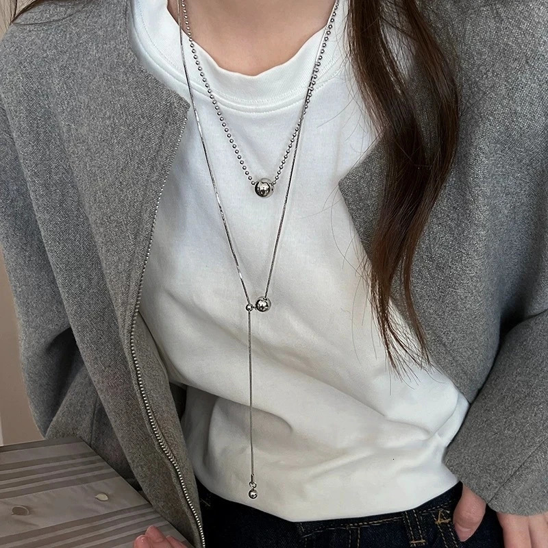 LATS Personality Stainless Steel Beaded Ball Pendant Necklace for Women Silver Color Double Layer Hip Hop Rock Chokers Jewelry 251204