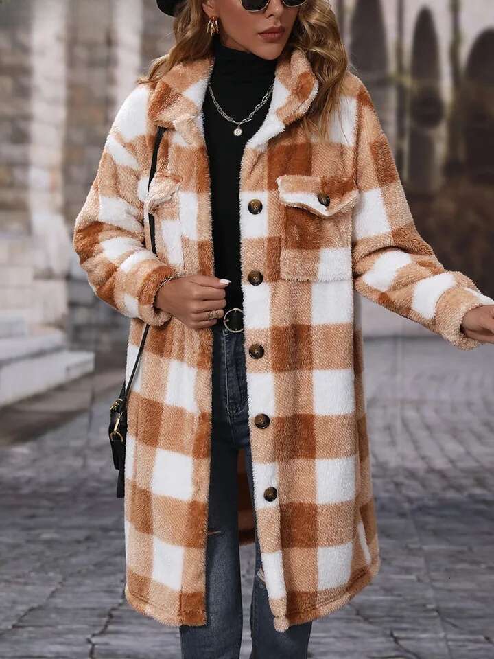 Fairyshely – veste à carreaux pour femme, manteau épais en peluche, à capuche, chaud, manches longues, doux, simple boutonnage, manteau pour dame