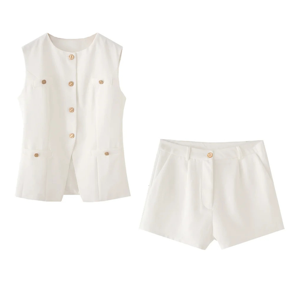 summer womens fashion round neck sleeveless single breasted vest top casual high waisted suit shorts 251204