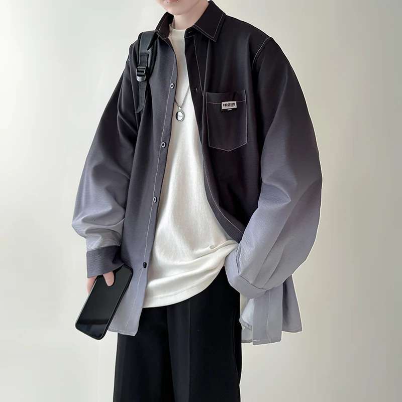 Mens shirt Gradient Plicated Long Sleeve Shirts Loose Korean Shirt Fashion Casual Oversize Shirt Coat High Quality Clothing 251205