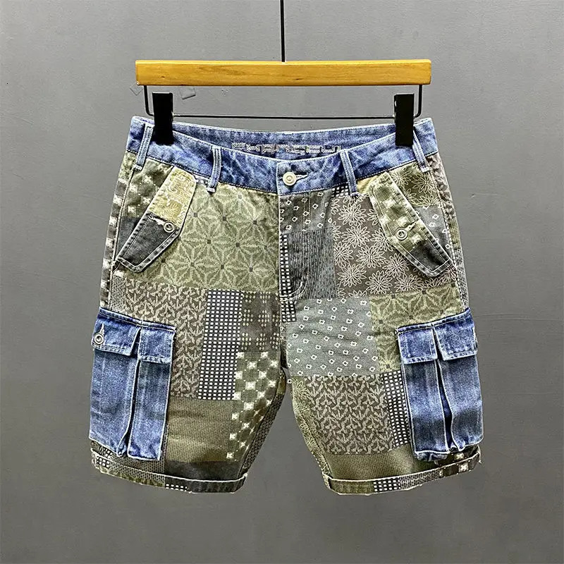 Splicing Man Denim Shorts with Pockets Short Jeans Pants for Men Printing Korean Fashion Summer Distressed Stretch Thin Y2k Blue 251205
