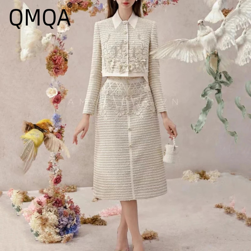 QMQA Mode Femmes Tweed 2 Pcs Ensemble Revers Simple Boutonnage Patchwork 3D Fleur Manteau Court Taille Haute Jupe Ensembles Automne 1A645 251203