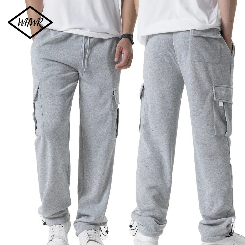 Pantalon de survêtement gris pour hommes, coupe droite, jogging pour le sport et le streetwear, pantalon multi-poches, ample, surdimensionné, ave