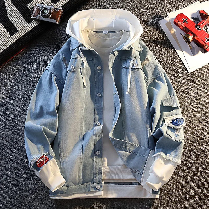 2025 Korean TwoPiece Denim Jacket for Men Hooded Trendy Patchwork n Youthful BF Couple Street Outerwear 251129