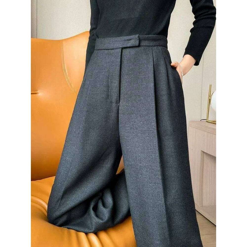 WOOL Autumn Slim High Waist Straight Women's Casual Solid Color Loose Chic Female Wide Leg Pants Fashion Office Ladies