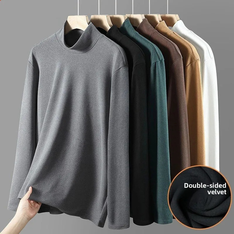 Mens Double-Sided Fleece Collar Thermal Long T-Shirt Sleeve Crew Neck Elastic Warm Underwear Autumn Winter Bottoming Shirts 251202