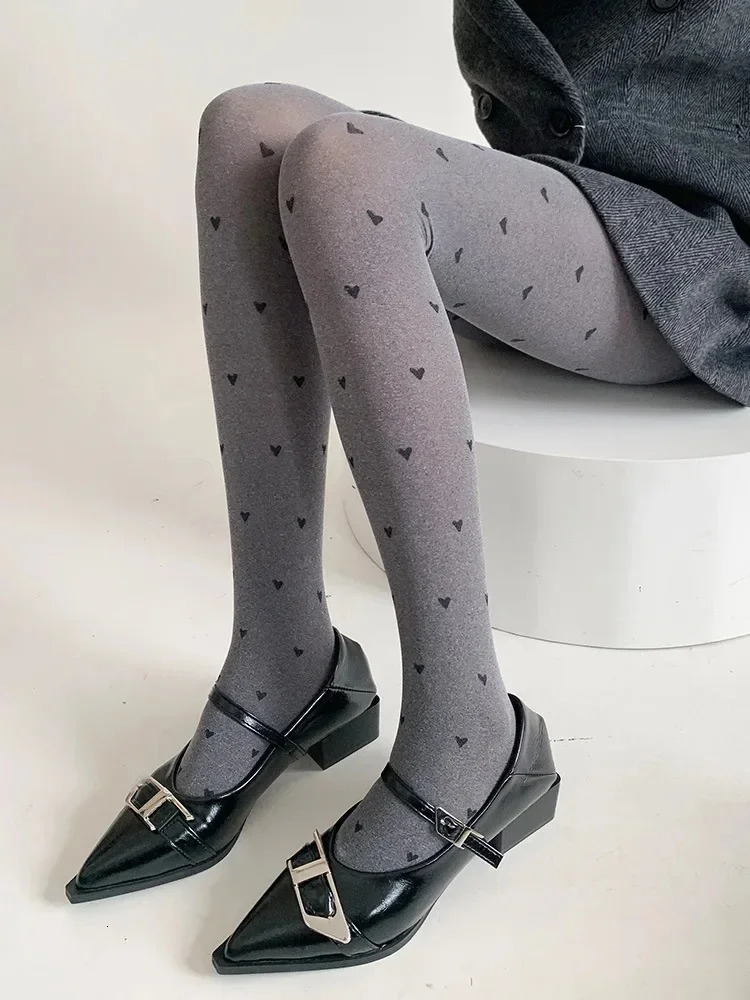 Sexy Grey Stockings Women Heart Polka Dot Lolita Pantyhose Tight High Socks Female Good Elastic Stockings 251204
