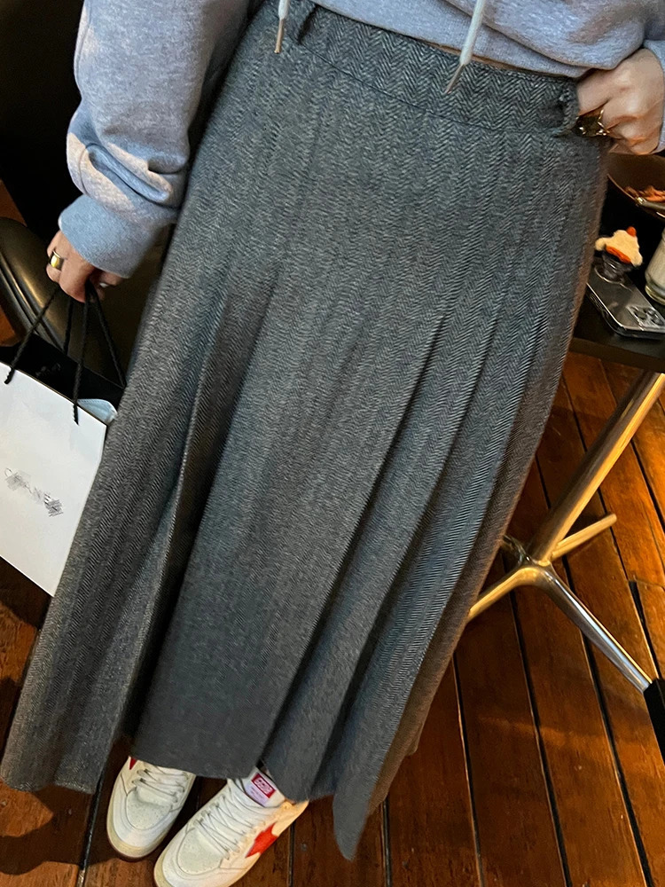 ay A-Line Skirt Womens 2025 Woolen Sense Gored Skirt Small Size High Waist Commute Korean Sle251201