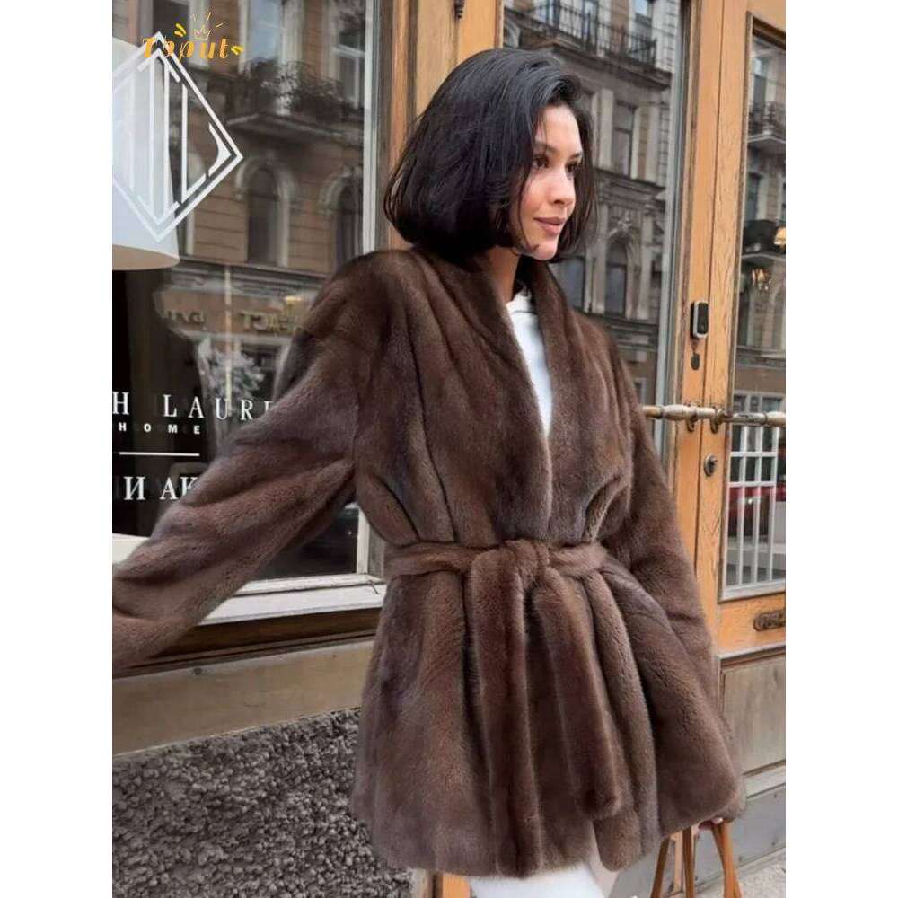 Women Luxury Lace Up Faux Fur Jacket Elegant V-Neck Long-Sleeved Loose Warm Coat Lady Winter Daily Commute High Street Outerwear