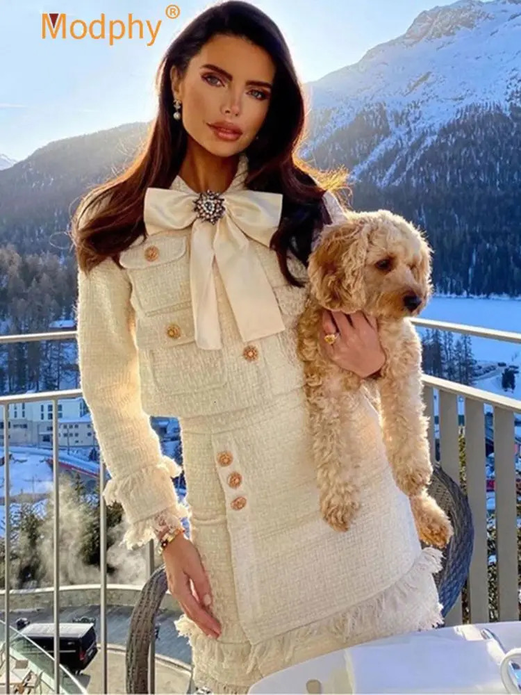 Winter Women Tweed Fringed 2 Two-Piece Set Sexy Long Sleeve Button Jacket Short Skirt Set Vestidos Party Suit 251203