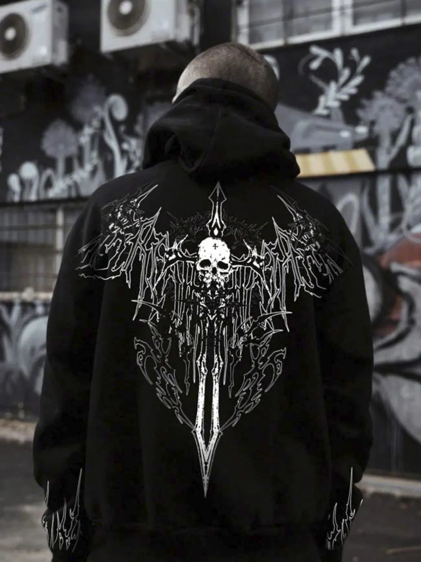 European and American autumn and winter mens Gothic skull letter print comfortable soft hooded sweatshirt outdoor street top 251201
