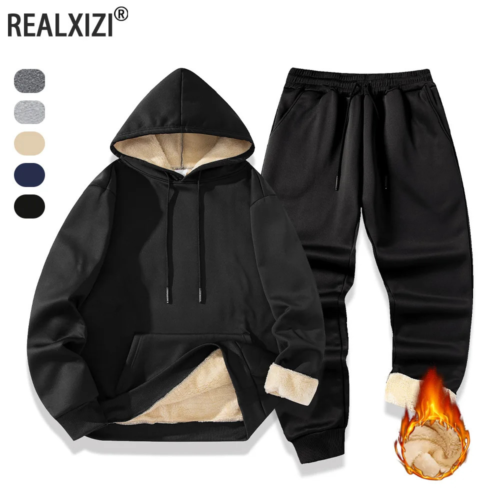 Costumes de sport d'hiver pour hommes en peluche épaissie sweats à capuche chauds sweat-shirts pantalons de jogging ensemble deux pièces vêtement