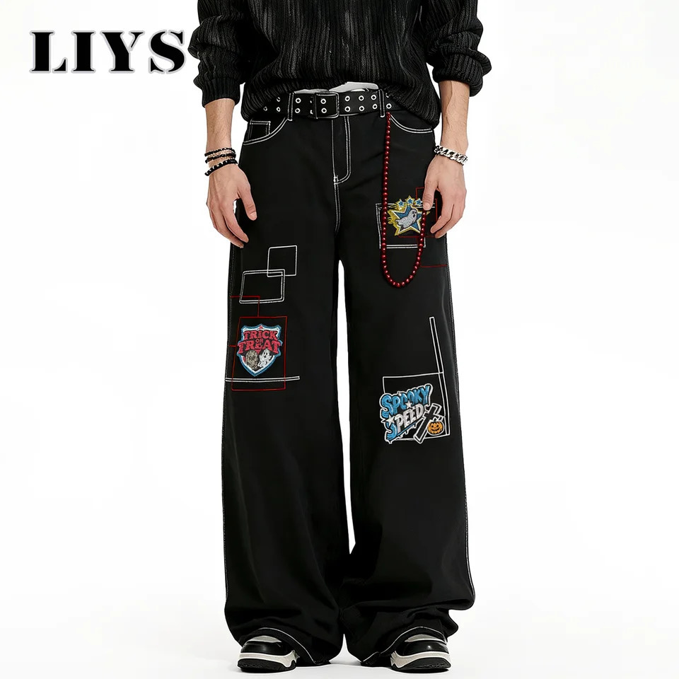 American Mens Black Baggy Wide Leg Jeans Y2K High Street Hip-Hop Personality Embroidery Loose Denim Pants Four Seasons Unisex 251204