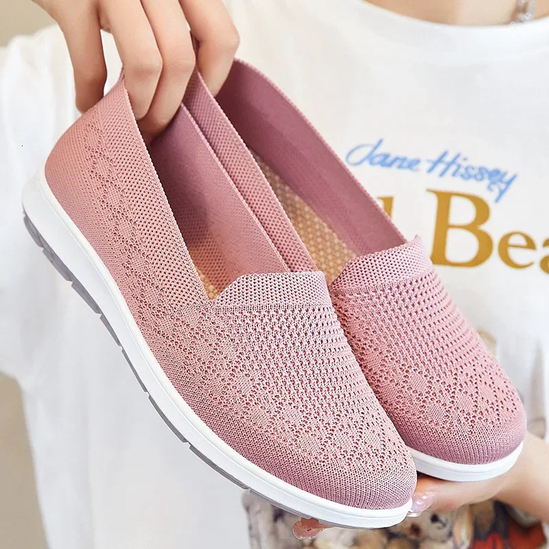 Spring Summer Breathable Knitted Flats for Women 2025 Comfortable Slip On Mom Shoes Woman Slip On Non Slip Casual Sneaker Female 251201