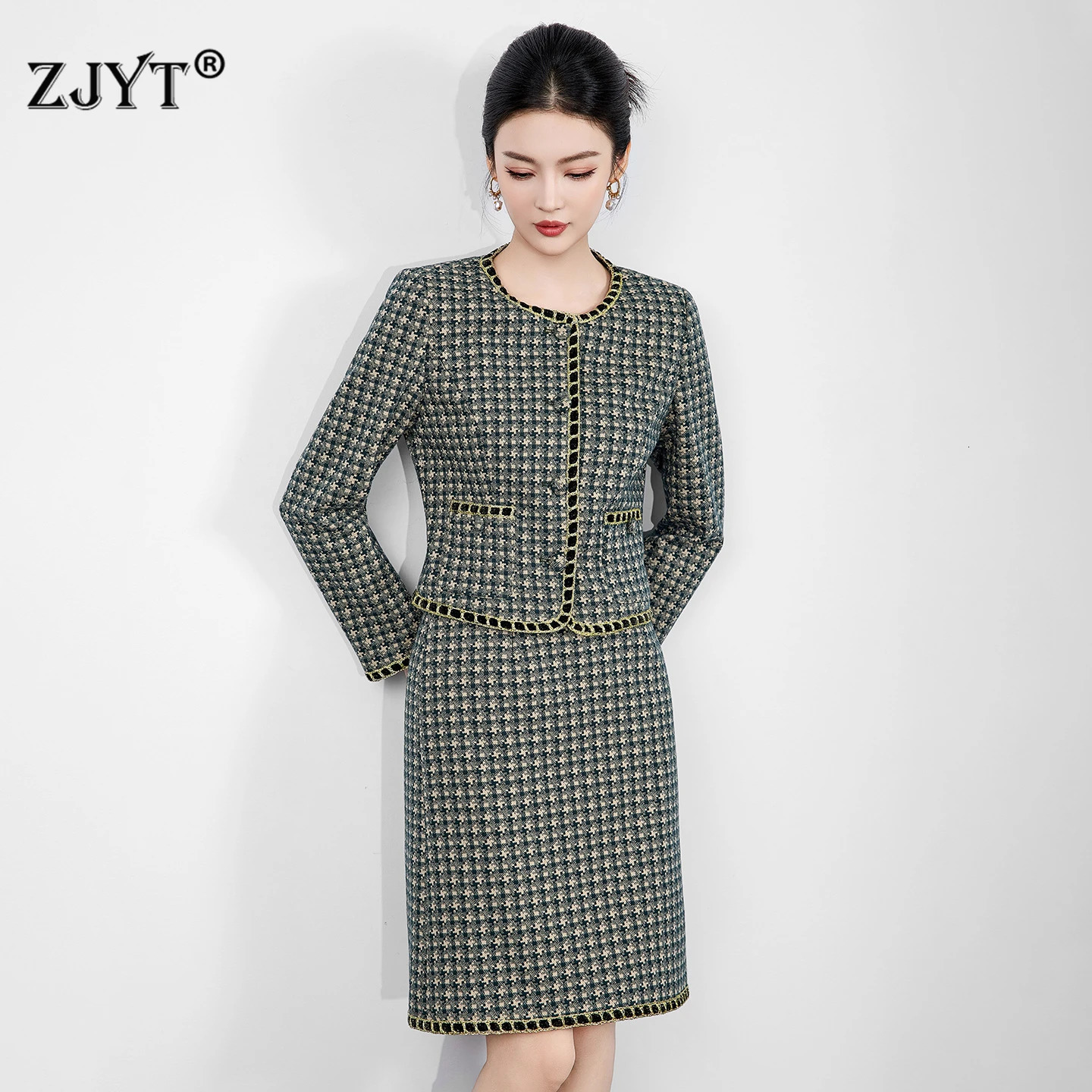 ZJYT élégant rétro Plaid Tweed laine veste costume jupe 2 pièces correspondant ensemble automne hiver femmes tenue costumes de fête travail 25120