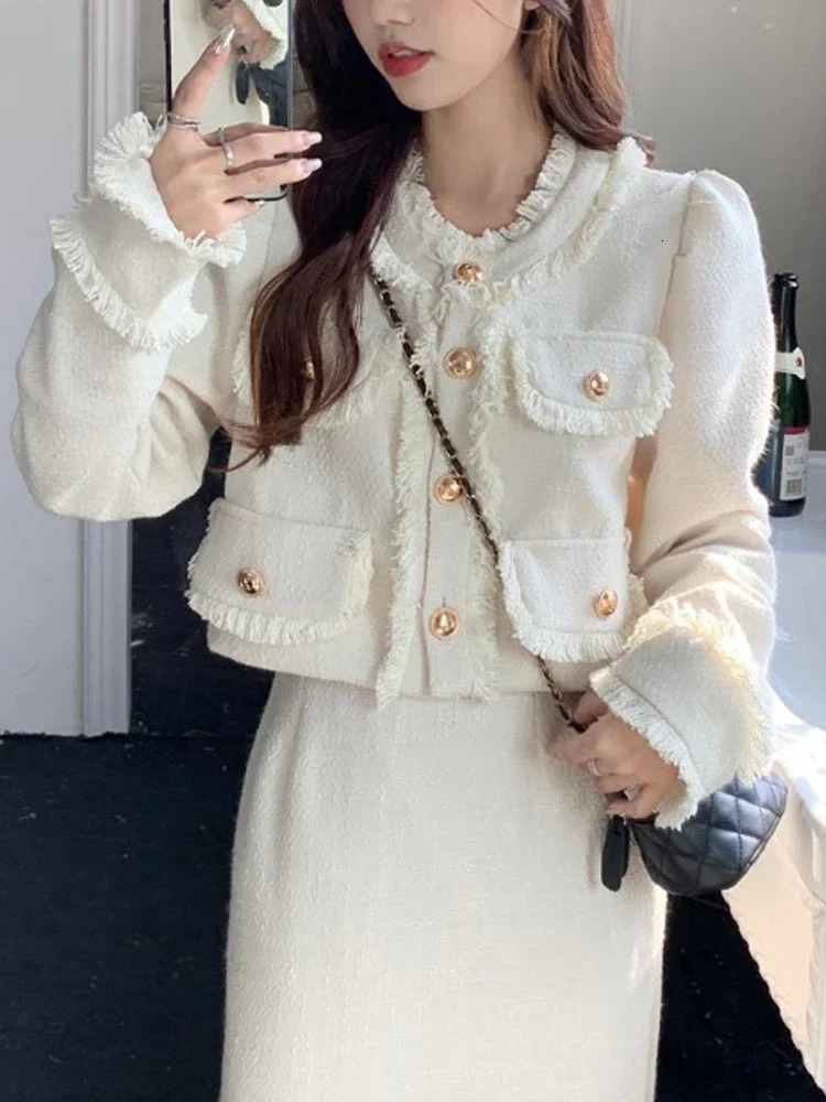 Printemps décontracté remorquage pièce ensembles femmes blanc court Tweed veste mode coréenne jupe longue femme élégant Chic mince doux costume 2