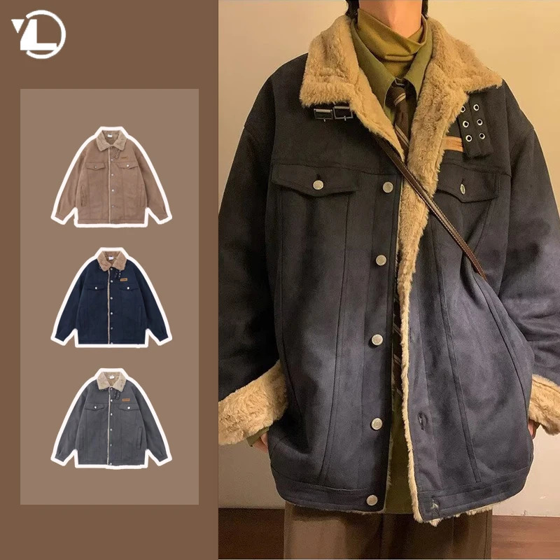 Winter Street Lamb Fleece Cotton Jacket Mens Thickened College Casual Trend Warm Parkas Single Breasted Lapel Tooling Coats 251205