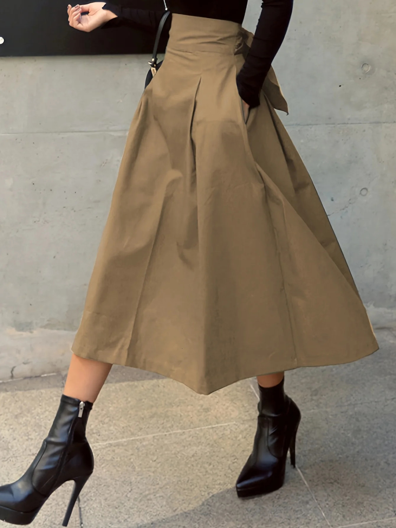 Stylish Solid A-line Skirts for Women Preppy School Style High Elastic Waist Long Skirt With Bow Woman Clothing Womens Skirts251201