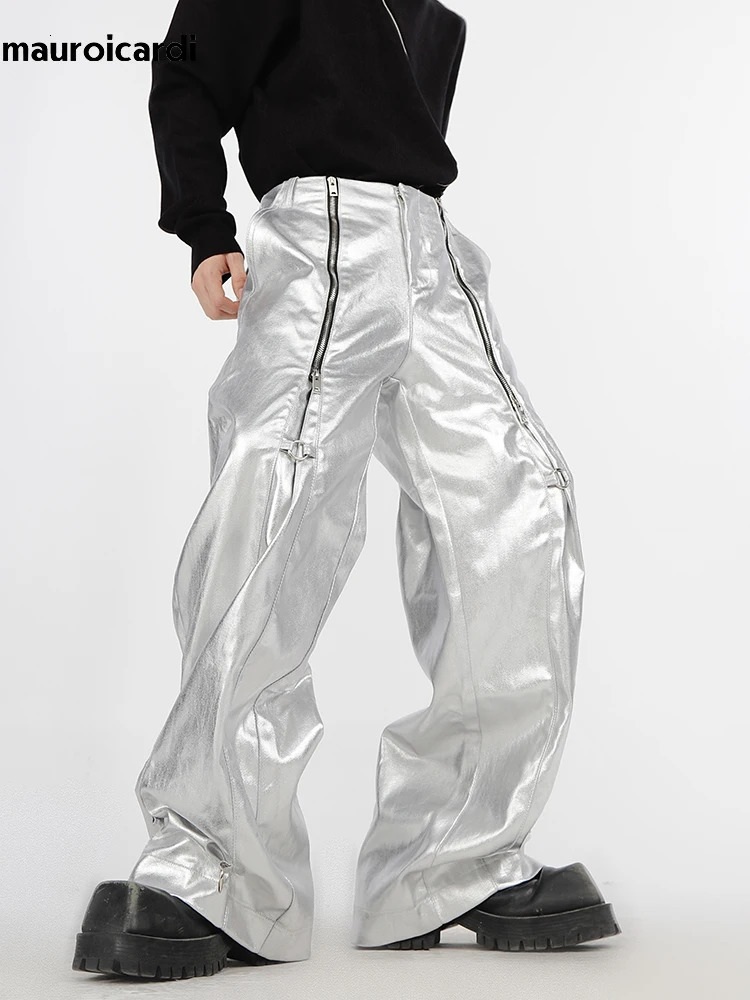 Mauroicardi printemps automne Cool Long lâche décontracté doux noir argent Pu cuir pantalon hommes avec de nombreuses fermetures à glissière pant