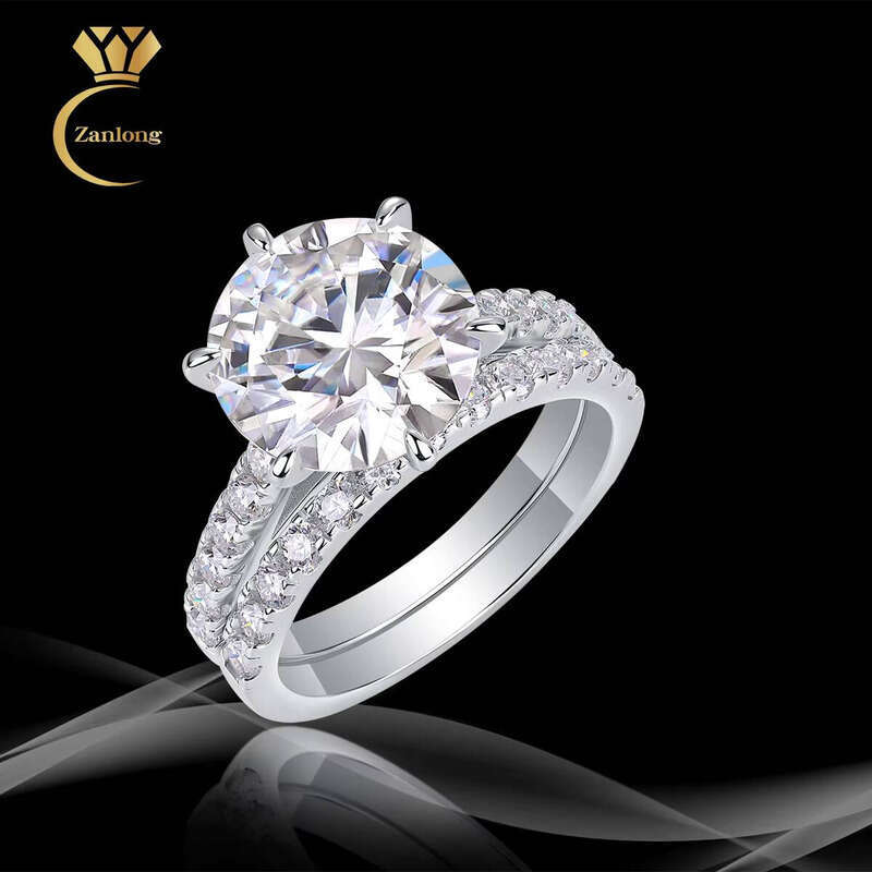 VVS Moissanite 5 CT 925 Sterling Silver, Round Brilliant Cut Sandstone Engagement with Side Stones, Wedding Ring Set