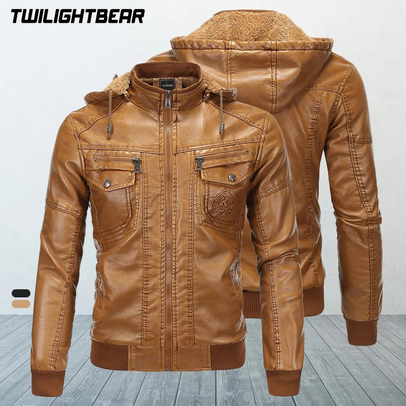 Winter Mens Leather Jackets Male Hooded Fleece Coat EUR Size Streetwear PU Casual Biker Jackets Men Motorcycle Jacket A1F1603 251205BJ