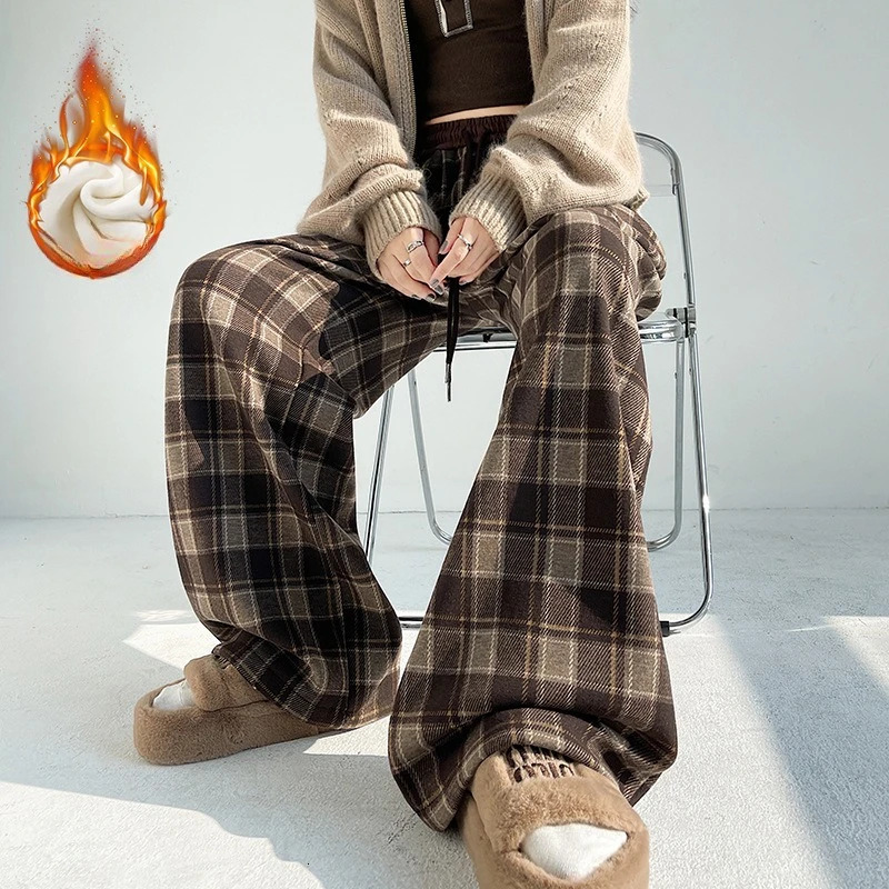 Pantaloni a gamba larga in lana scozzese a vita alta Pantaloni casual lunghi fino al pavimento Comodi e larghi vintage 251129