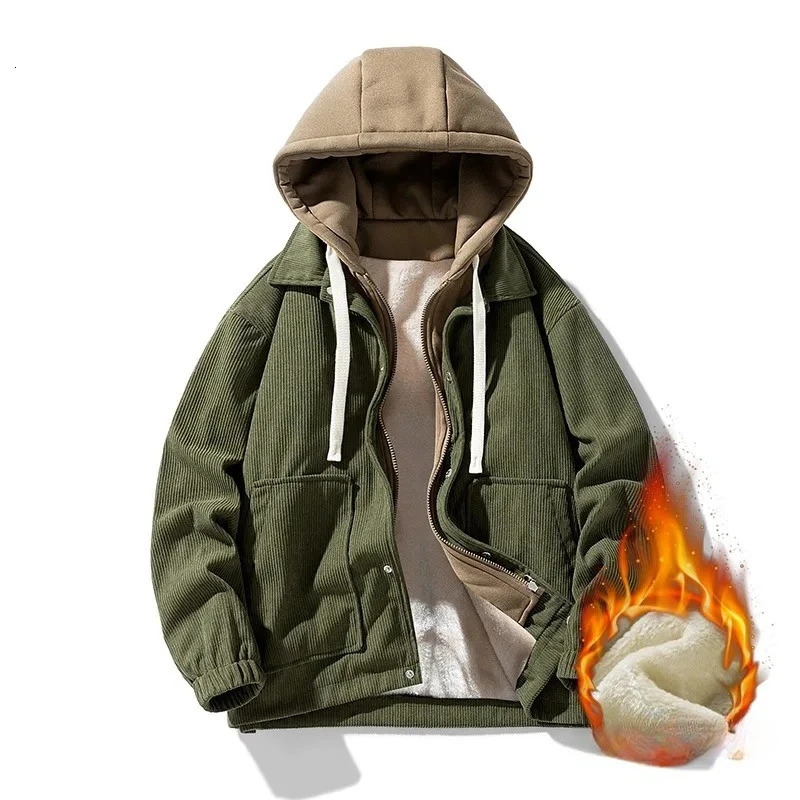 Veste en velours côtelé deux pièces pour hommes, automne-hiver, doublure polaire, vêtements de travail à capuche pour hommes, manteau de sport dé