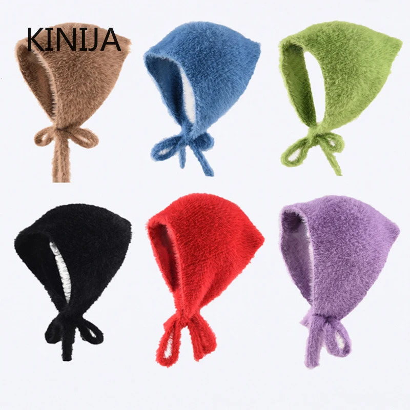 French Headscarf Womens Spring Winter Warm Plush Knitted Triangle Scarf Sweet and Cute Lace-up Cover Headband 251204