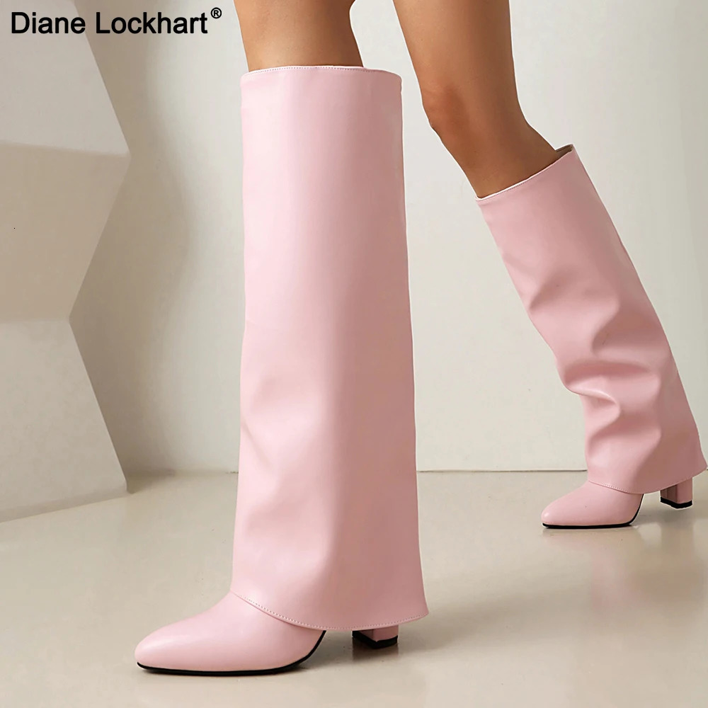 Knee High Womens Fold Boots PU Leather Pointed Toe Long Boot Thick Soled High-heeled Shoes 251204