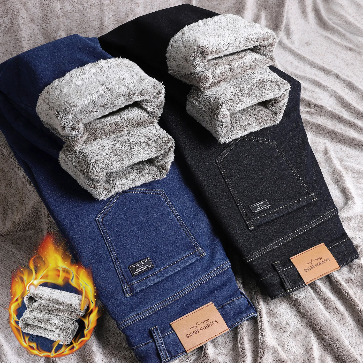 Hiver polaire chaud jeans hommes d'affaires pantalons en denim droit en peluche flocage travail pantalon extérieur mâle plus taille 28-40 251205