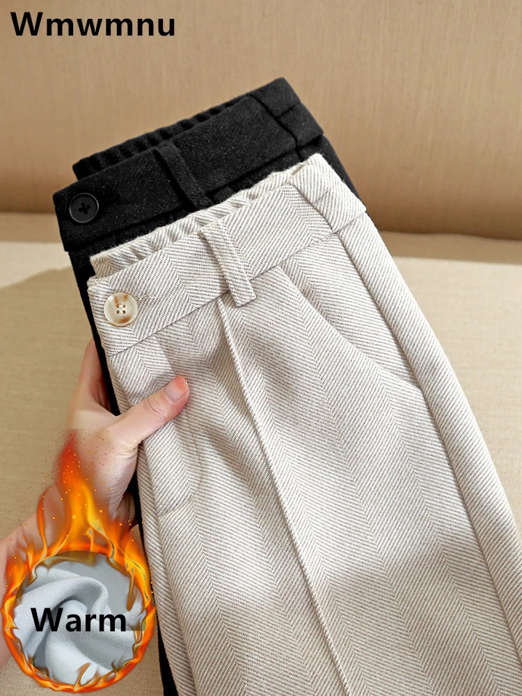 Pantaloni a vita alta in misto lana Pantaloni invernali addensati in peluche foderati Harem Pantalones da ufficio Casual caldi alla caviglia Spodnie