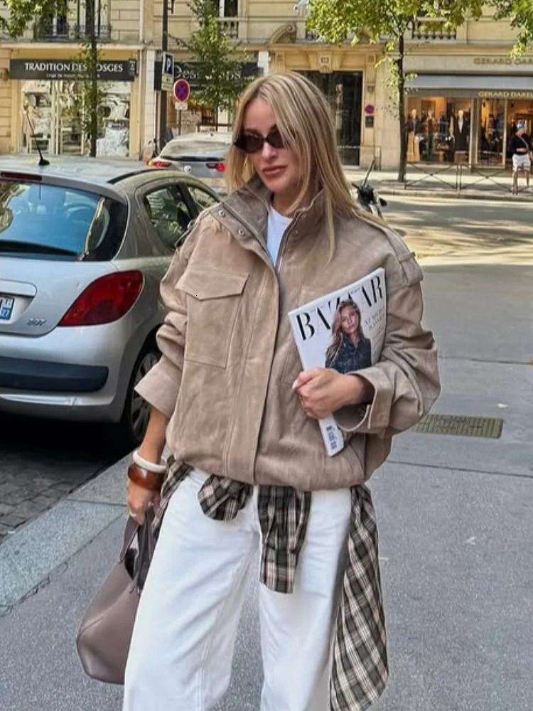 Femmes en vrac veste en daim mode à manches longues poches fermeture éclair surdimensionné Bomber veste 2025 automne hiver dame haute vêtements d