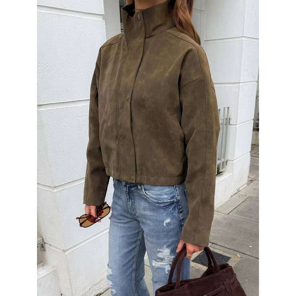 Vestes bombardier à manches longues pour femmes, manteaux courts élégants à col montant, couleur unie, vêtements d'extérieur chics pour dames, no