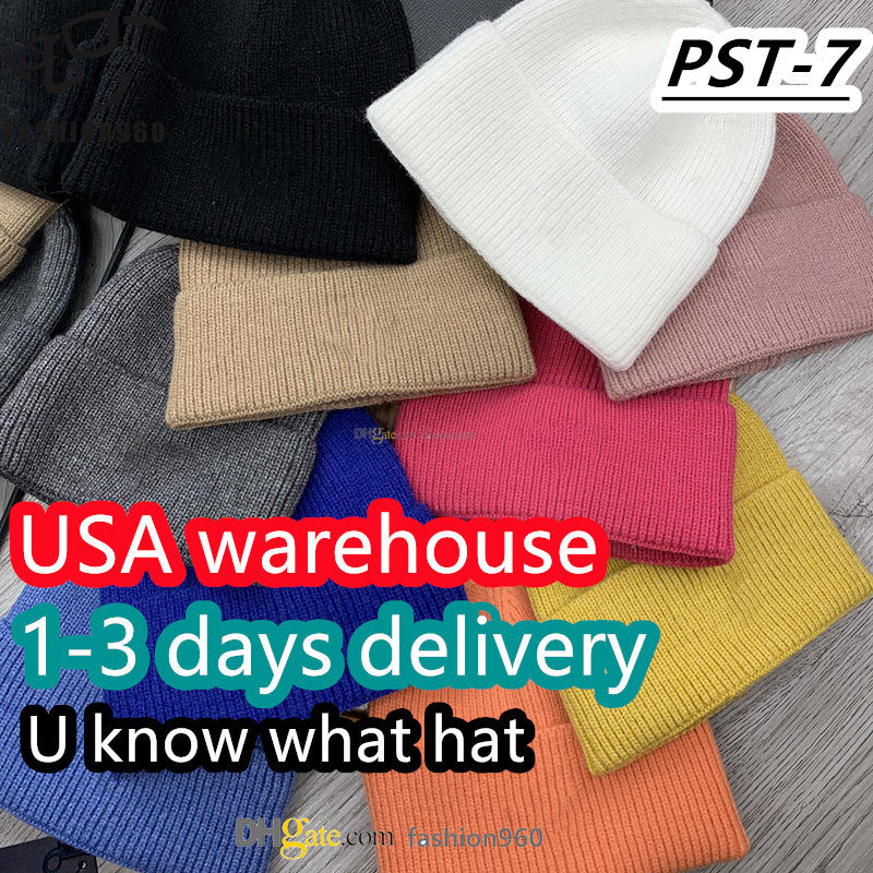 USA warehouse Women Designer Winter Knitted Beanie Woolen Hat Chunky Knit Thick Warm Faux Fur Pom Beanies Hats Female Bonnet Beanie Caps colorfull W