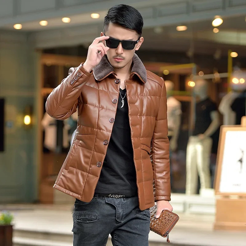 Hiver revers col de fourrure veste en cuir doudoune hommes Slim Fit coréen vers le bas manteau mâle chaud canard vers le bas doudoune homme 25120
