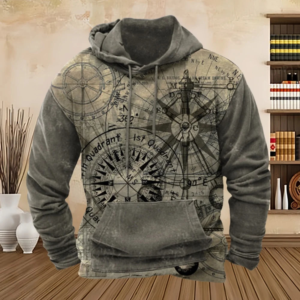 Vintage Compass Graphic Hoodies for Men Long Sleeve Pullover Sweatshirt Tops Full Print Vintage Hoodie Streetwear Mens Clothing 251201