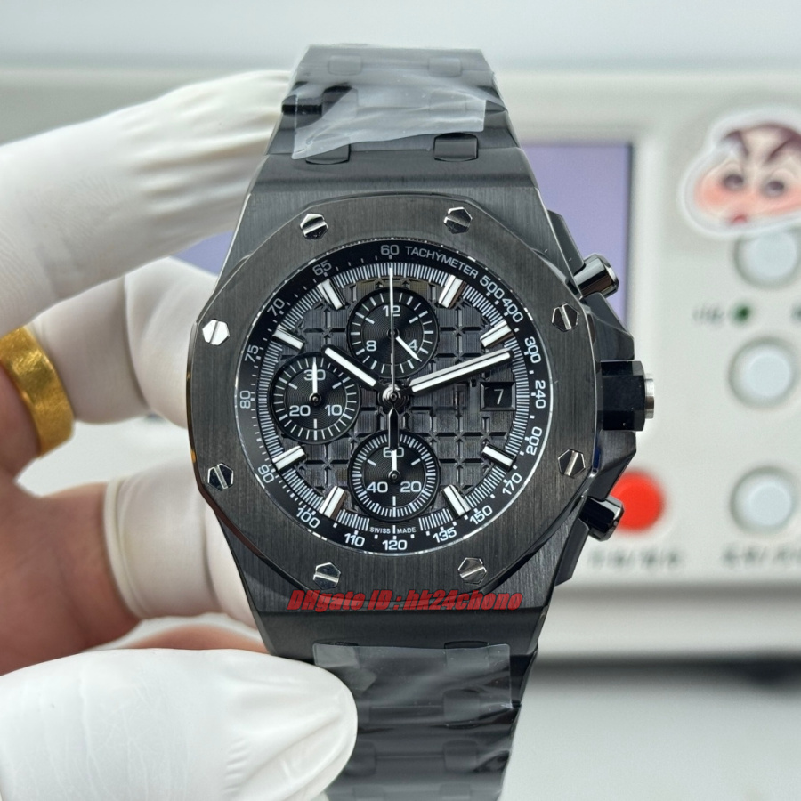 APKF Luxury Watches 42mm Black DLC Chronograph Automatic Cal.3126 Mens Watch Black Dial Black DLC Steel Bracelet Gents Wristwatches 26238CE