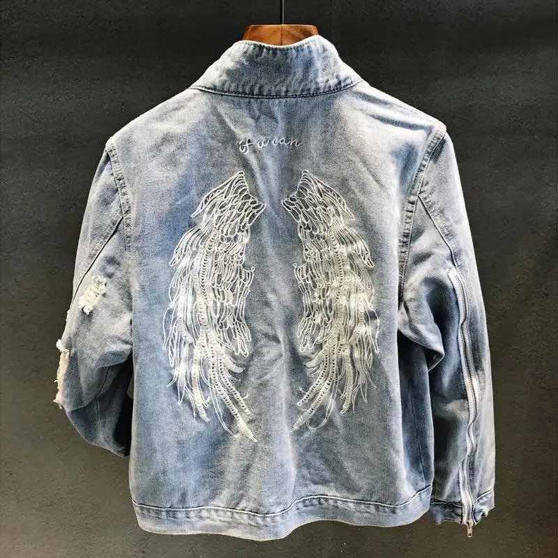 Vintage Distressed Denim Jacket Mens Angel Wings Embroidery Loose Fit Zip Cuff Ripped Elbow Korean Spring Fall Streetwear Coat 251129