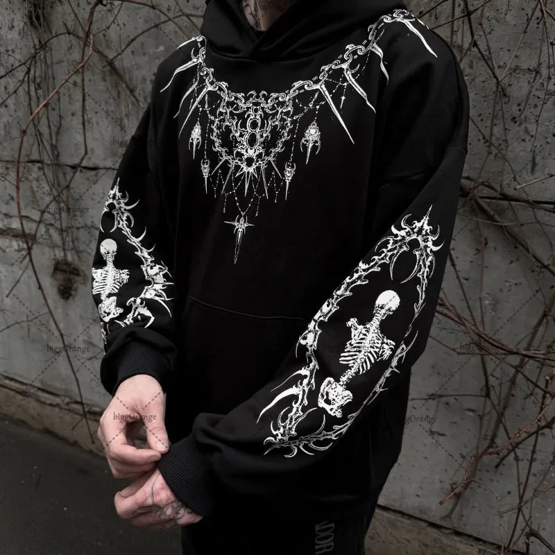 Harajuku Gothic Punk Graphic Hoodie Men High Street Trendy Y2K Streetwear American Retro Hip-hop Oversized Sweatshirt 251201