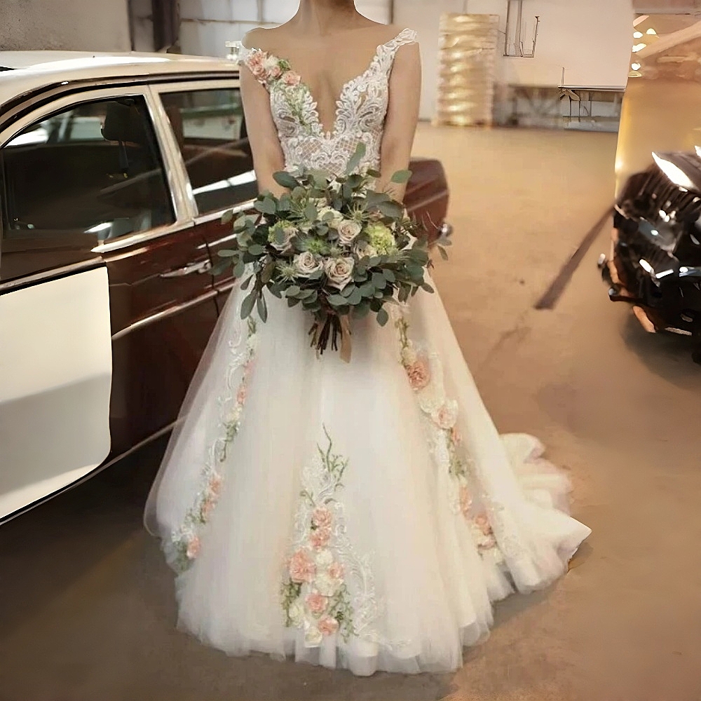 Appliques florales roses robes de mariée pastrol long train dos nu longue ivoire tulle a-ligne robes de mariée personnalisé 2026 robe de mariée d