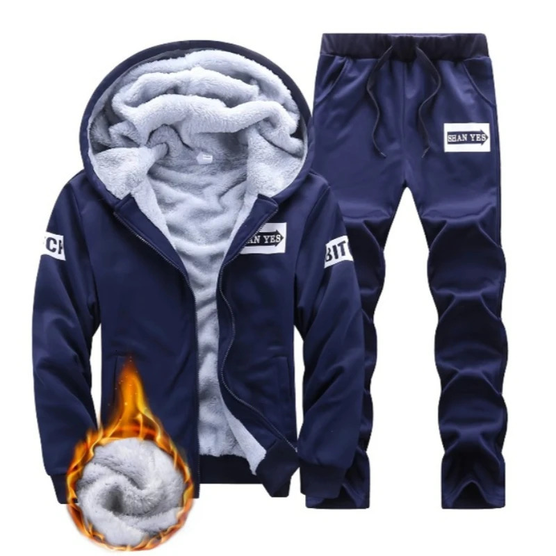 Hommes hiver épaissi survêtement ensembles polaire veste à capuche pour les sports de plein air costume loisirs course fitness chaleur deux pièce