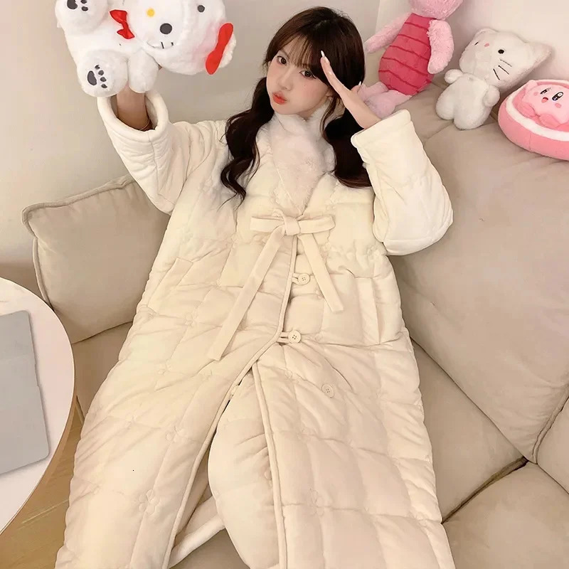 2024 Autumn Winter Sleepwear Womens Threelayer Cotton Coral Fleece Long Robe Thickened With Flannel Warm Home Suit Set 251129