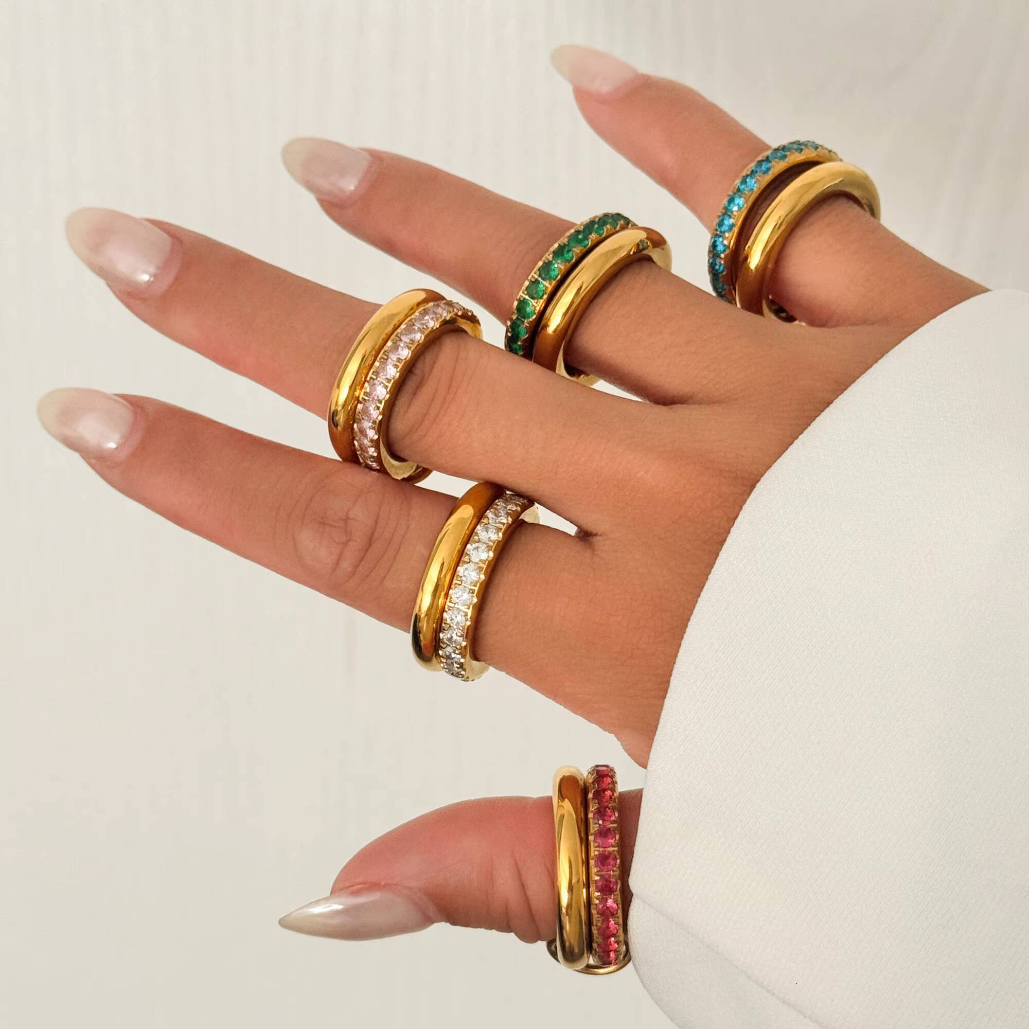 AW NEW VINTAGE DOUBLE LAYER CIRCLE ROW GREEN ZIRCON CHUNKY GIFT RING Dazan INS 18k PVD Gold Plated Stainless Steel Lady JEWELRY