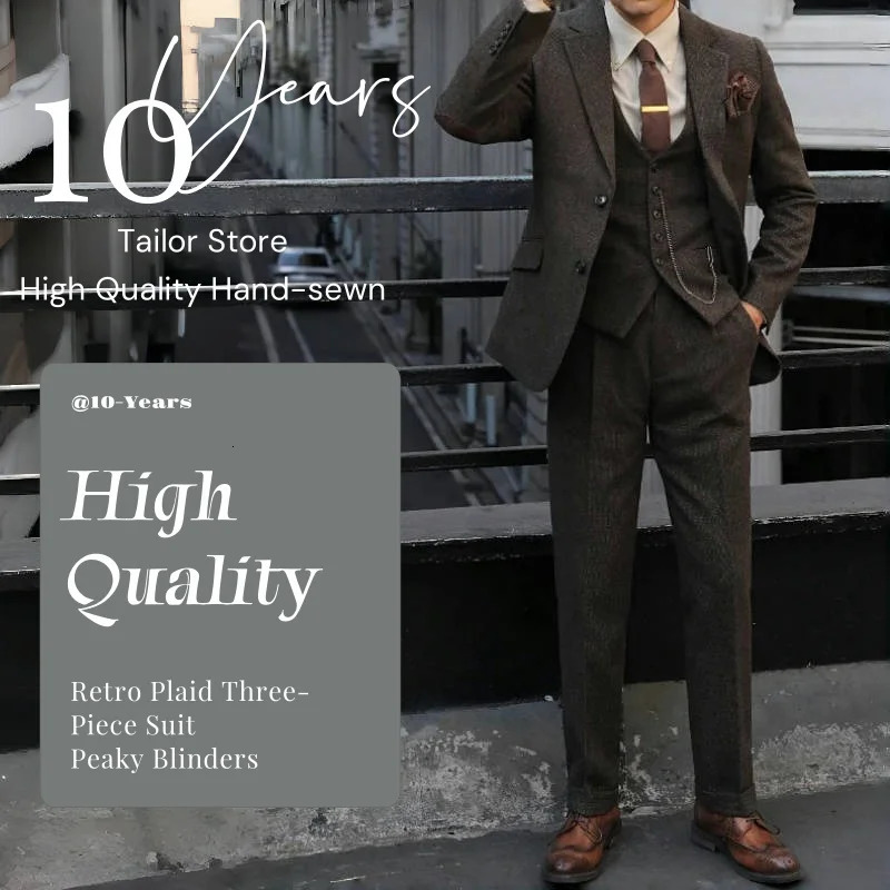 Peaky Blinders Abito da uomo in 3 pezzi Abito vintage in lana scozzese Autunno/Inverno stile pesante Giacca Gilet Pantaloni Abito formale slim fit 2
