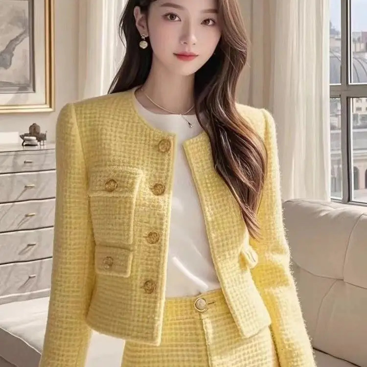 Autumn Winter Tweed Womens Two Piece Set High End Elegant Long Sleeve Jacket Slim Mini Skirt Small Fragrant Fashion Suit 251203