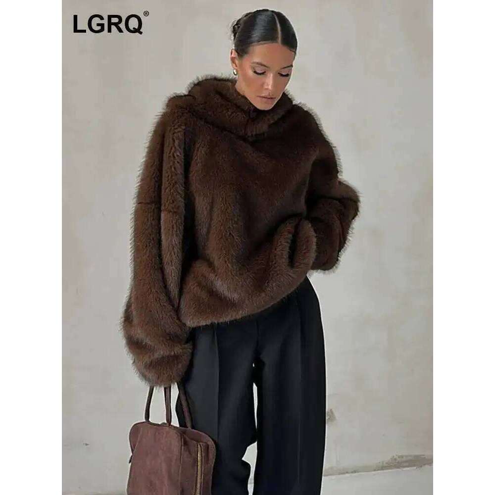 LGRQ 2025 Winter New Women's Fashion High-End Soft Faux Mink Fur Sweater Lazy Style Hoodies Pullover Top