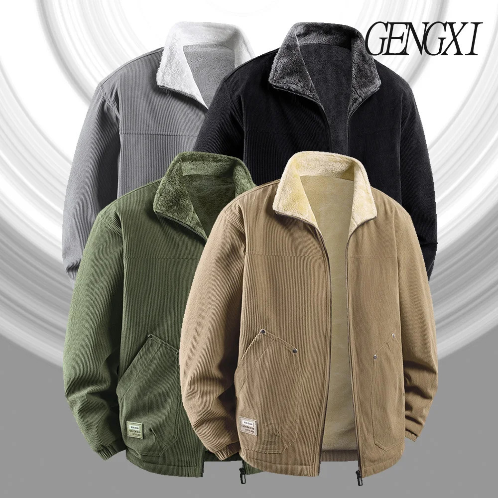Veste d'hiver en velours côtelé pour hommes, coupe-vent chaud, doublé de polaire, manteau à col épais, vêtements de travail Vintage américains, 2